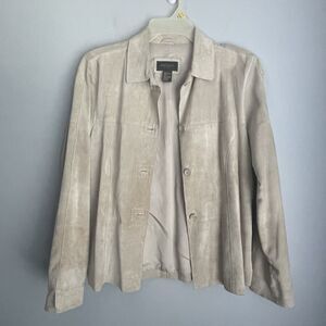 Suede Jacket Women’s Size M 100% Leather Beige/Gray Button Up Long Sleeve